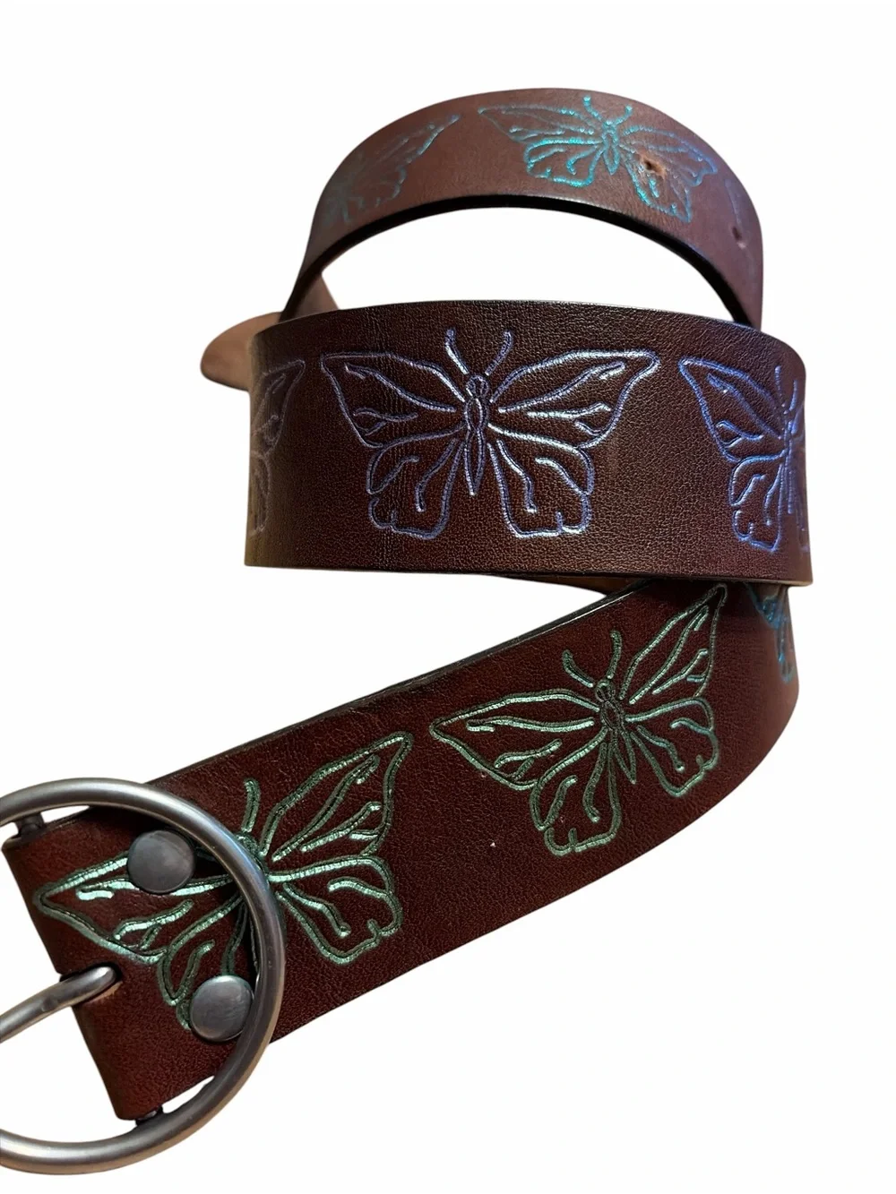 Brown Leather Belt with Iridescent Butterfly Embossing